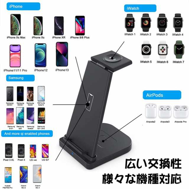 ワイヤレス充電器 充電スタンド Qi認証 3 in 1急速充電15W/10W/7.5W